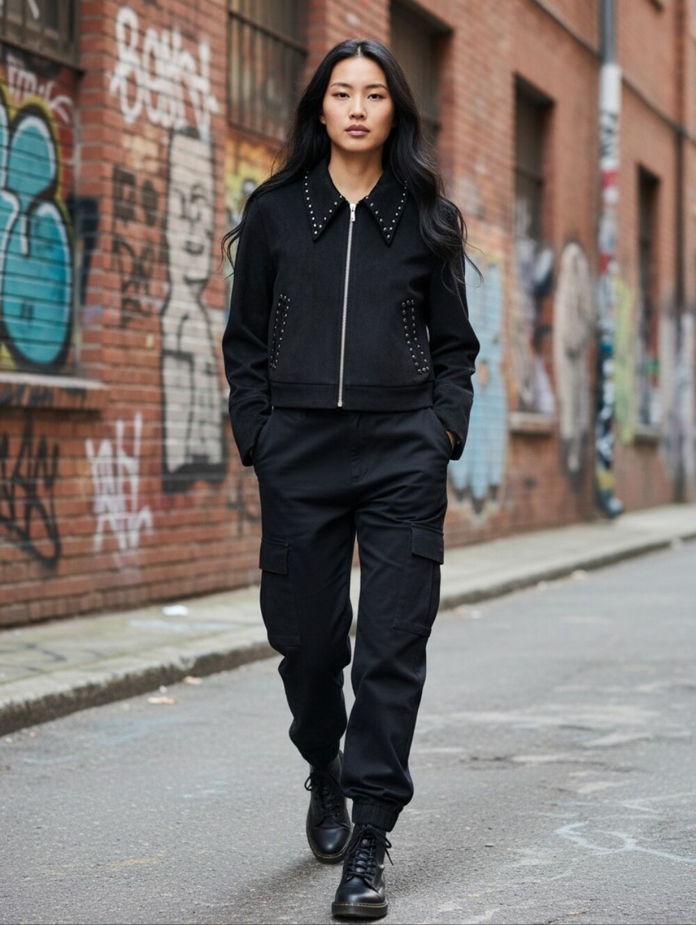 MNG Mango Studded Black Zip Jacket Biker Suede-Like Grunge Punk Streetwear, S